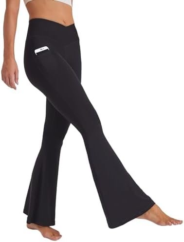 Women Flare Leggings with Side Pockets,Crossover Yoga Pants Bootleg High Waisted Stretchy Control Gym Workout Pants