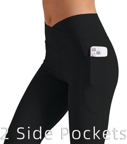 Women Flare Leggings with Side Pockets,Crossover Yoga Pants Bootleg High Waisted Stretchy Control Gym Workout Pants