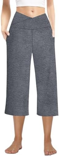 3 Pack Womens Wide Leg Yoga Capris Crossover High Waist Casual Capri Pants Loose Soft Pajama Pockets Sweatpants