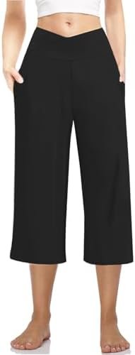3 Pack Womens Wide Leg Yoga Capris Crossover High Waist Casual Capri Pants Loose Soft Pajama Pockets Sweatpants