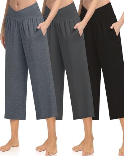 3 Pack Womens Wide Leg Yoga Capris Crossover High Waist Casual Capri Pants Loose Soft Pajama Pockets Sweatpants