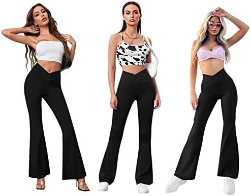 Women Flare Leggings with Side Pockets,Crossover Yoga Pants Bootleg High Waisted Stretchy Control Gym Workout Pants